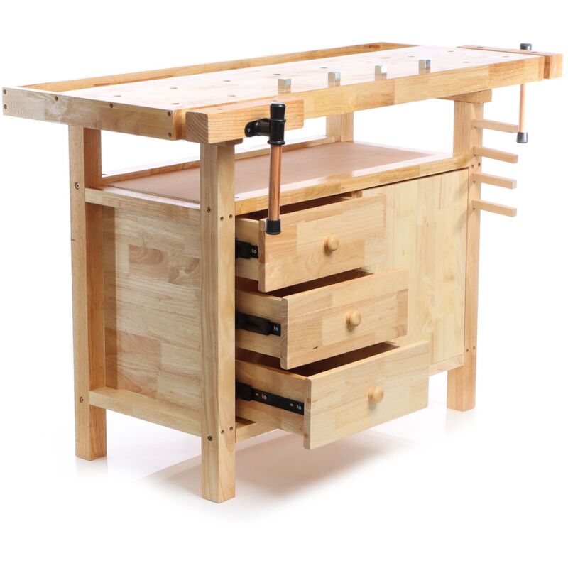 foto del prodotto wiltec banco da falegname in legno 126x50x84cm ganci e pinze di serraggio, cassetti e portaoggetti