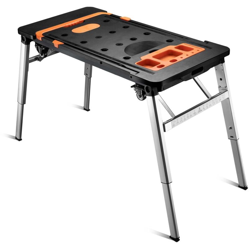 foto del prodotto wiltec banco da lavoro pieghevole 7 in 1, multiuso, cavalletto, impalcatura, carrello sotto auto, carrello a mano, con ruote, 108,5 x 55 x 52 cm