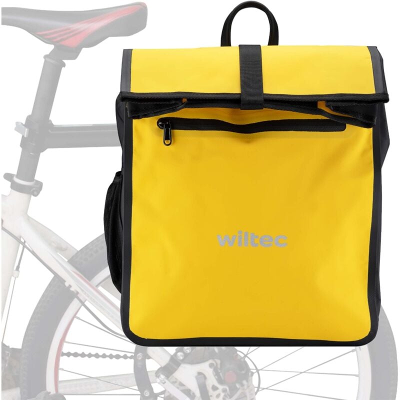 foto del prodotto wiltec borsa per bici 22 l gialla, impermeabile, montaggio al portapacchi posteriore bicicletta, gancio girevole a 360 ed elementi riflettenti