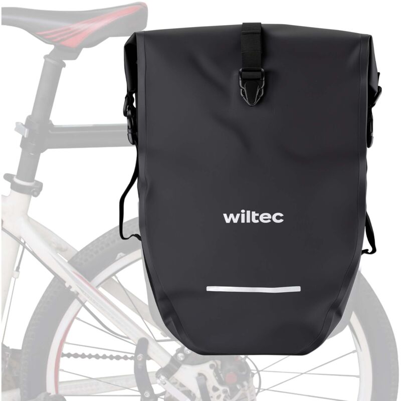 foto del prodotto wiltec borsa per bici 25 l nera, impermeabile, montaggio al portapacchi posteriore bicicletta, gancio girevole a 360 ed elementi riflettenti