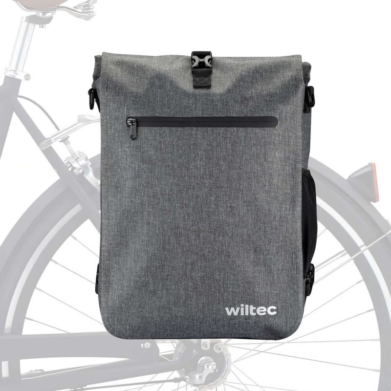 foto del prodotto wiltec borsa per bici 3in1 25 l grigia, impermeabile, montaggio al portapacchi posteriore, scomparto laptop, elementi riflettenti
