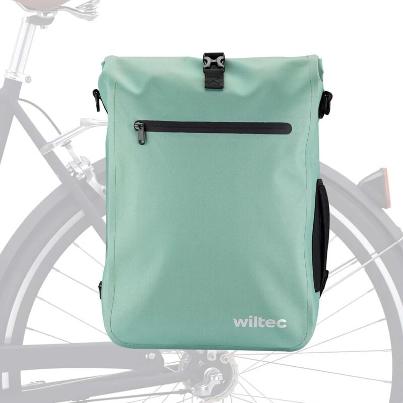 foto del prodotto wiltec borsa per bici 3in1 25 l verde menta, impermeabile, montaggio al portapacchi posteriore, scomparto laptop, elementi riflettenti