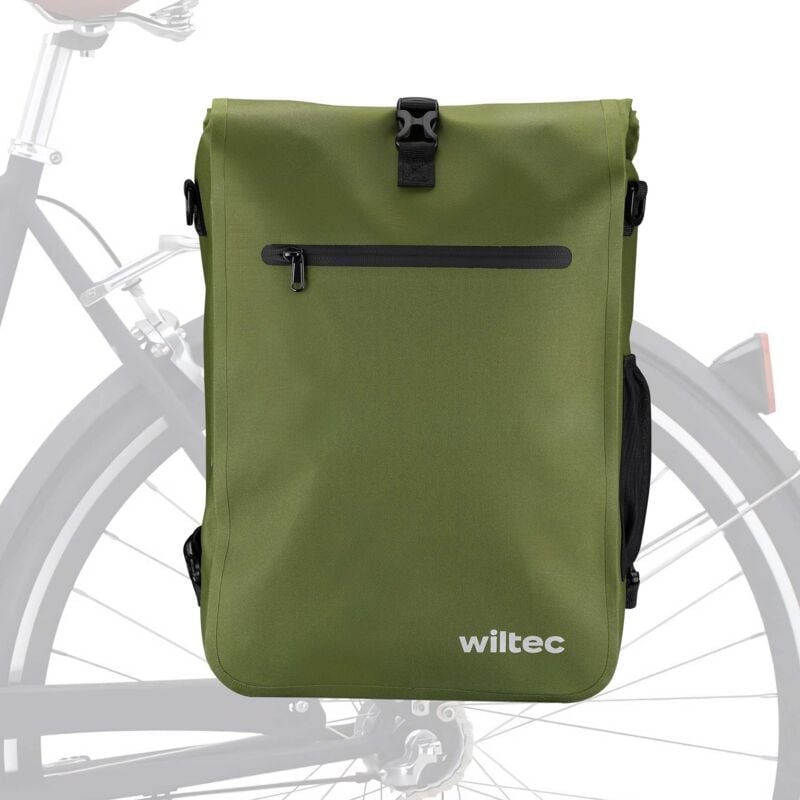foto del prodotto wiltec borsa per bici 3in1 25 l verde oliva, impermeabile, montaggio al portapacchi posteriore, scomparto laptop, elementi riflettenti