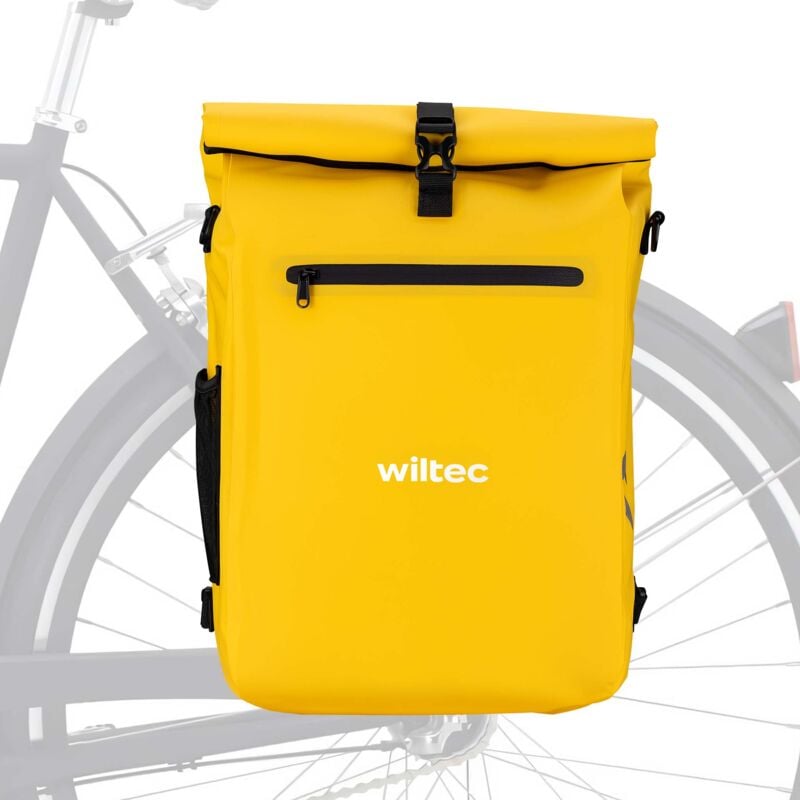 foto del prodotto wiltec borsa per bici 4in1 25 l gialla, impermeabile, montaggio al portapacchi posteriore, scomparto laptop, elementi riflettenti