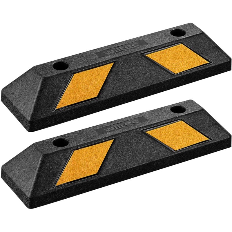 foto del prodotto wiltec delimitatore di parcheggio, 2 battiruota in gomma 550x150x100mm con fasce rifrangenti, fermaruota