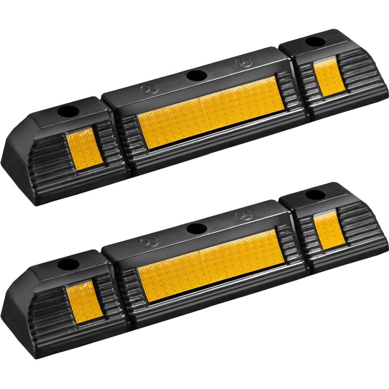 foto del prodotto wiltec delimitatore di parcheggio, 2 battiruota in gomma 600x120x80mm con fasce rifrangenti, fermaruota