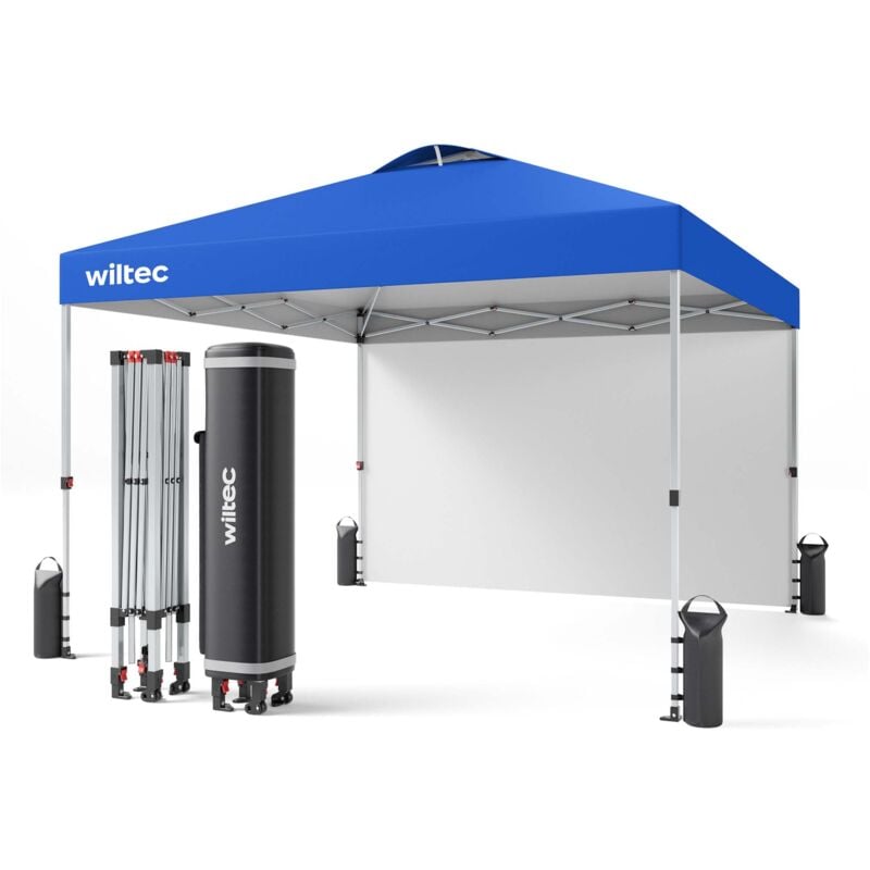 foto del prodotto wiltec gazebo pieghevole pop-up blu, 3 x 3 m con parete laterale e ruote