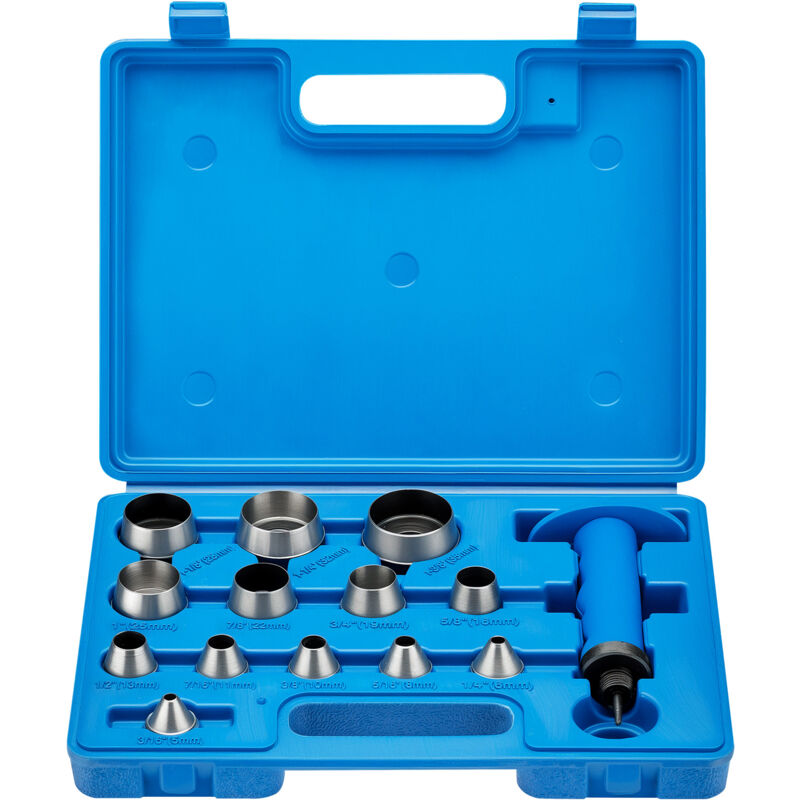 foto del prodotto wiltec kit punzonatura 13 in 1 punzonatrice con punzoni, set da 13 pezzi, in acciaio, matrici da 5 a 35 mm, con valigetta, per cuoio, metallo,