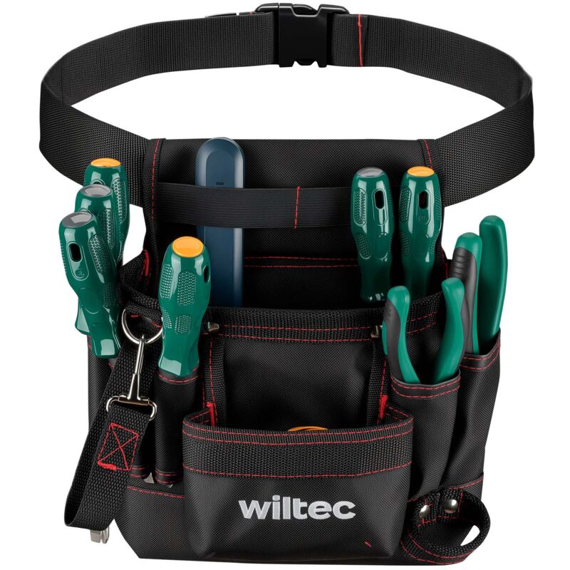 foto del prodotto wiltec marsupio da lavoro, marsupio porta attrezzi 24 x 28 cm, portata 15 kg, 7 scomparti, cintura regolabile, per elettricista, carpentiere