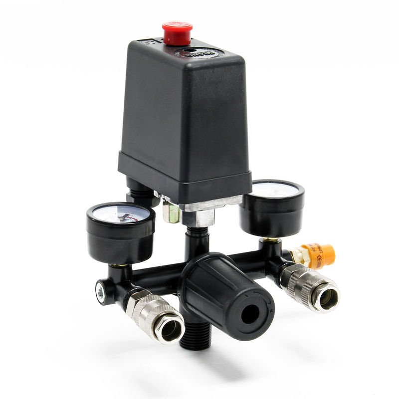 foto del prodotto wiltec regolatore di pressione con pressostato per compressore e 2 display manometri