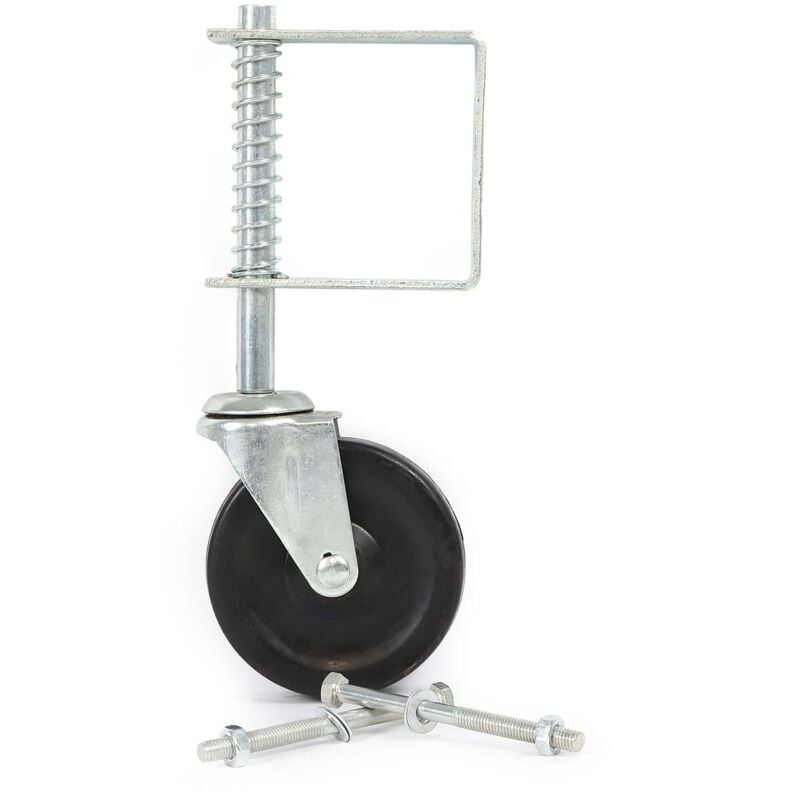 foto del prodotto wiltec ruota a molla per cancelli, ruota per cancello scorrevole fino a 68 kg, rotella girevole in pvc da 100 mm, struttura in metallo grigio