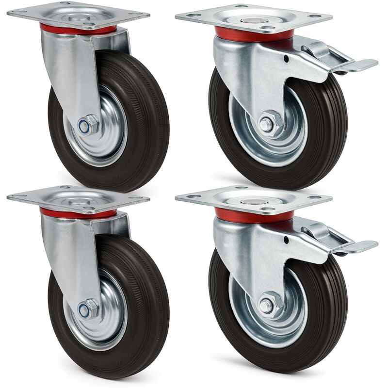 foto del prodotto wiltec set 4 ruote piroettanti, freno doppio blocco, rotella 160mm max 130kg, metallo e gomma piena