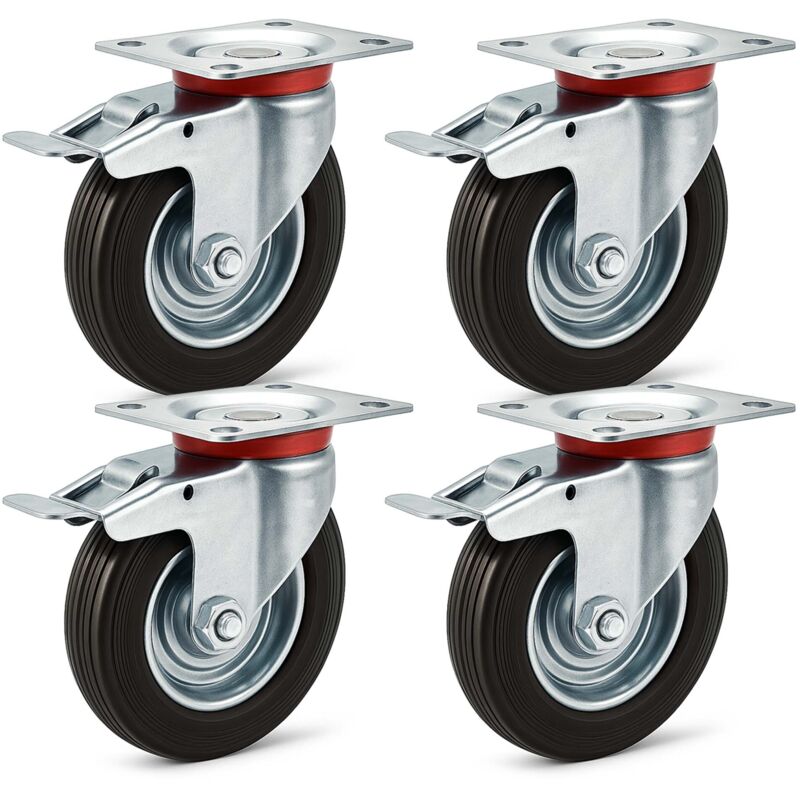foto del prodotto wiltec - set 4 ruote piroettanti, freno doppio blocco, rotella 200mm max 150kg, metallo e gomma piena