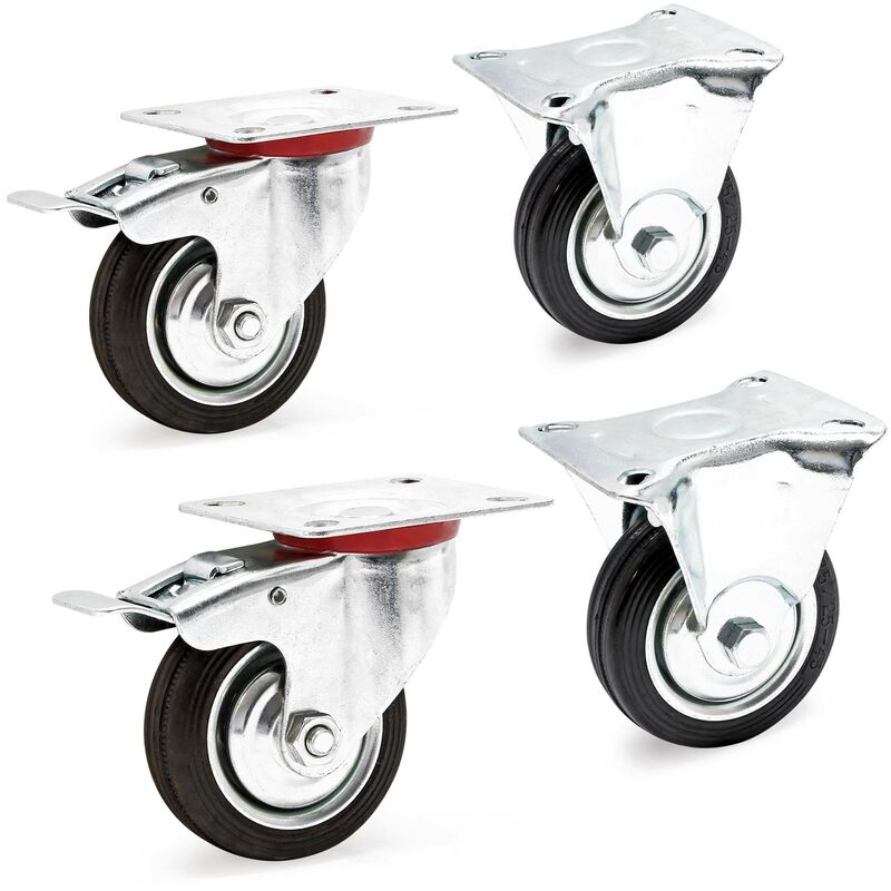 foto del prodotto wiltec set rotelle da trasporto 75 mm 2 ruote piroettanti con freno 2 fisse, nucleo in metallo, max 50 kg a ruota
