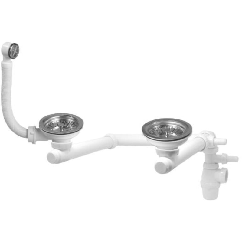 foto del prodotto wirquin 30723182 30723182-set completo di piletta e sifone per lavello 2 vasche con troppopieno rettangolare e presa lavatrice, cromato e bianco