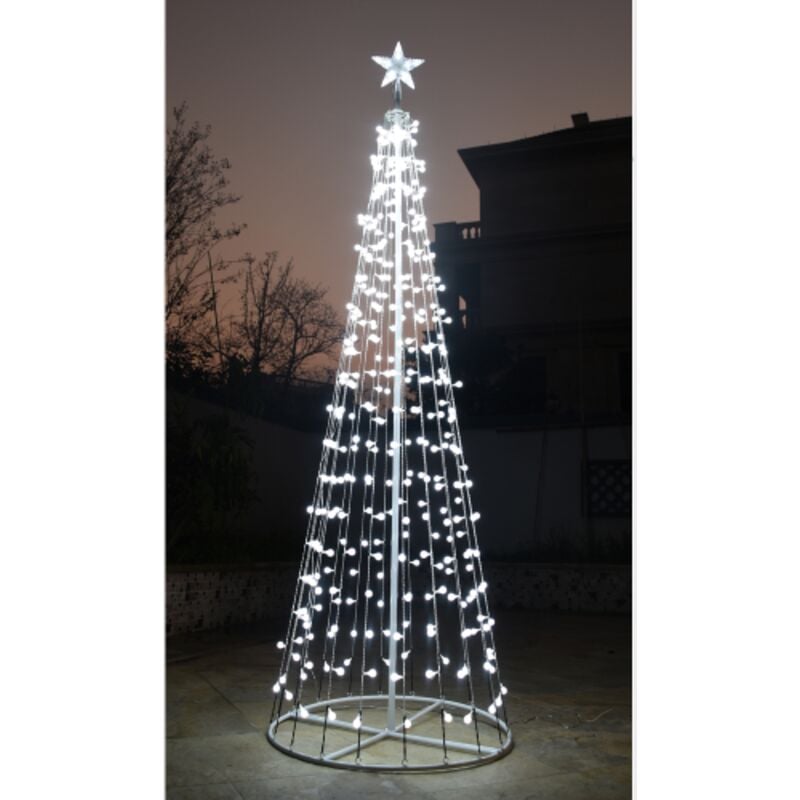 foto del prodotto wisdom albero decorativo di natale con struttura in metallo a cono altezza 2,1 metri con 360 luci a led a perla colore bianco ghiaccio con 8 giochi