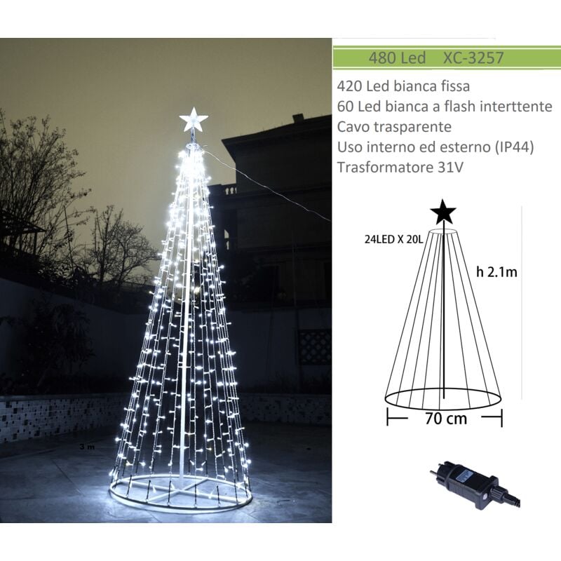 foto del prodotto wisdom albero di natale in metallo con 480 led incorporati impermeabile da esterno ed interno 31v luce bianco freddo caldo o blu bianco freddo