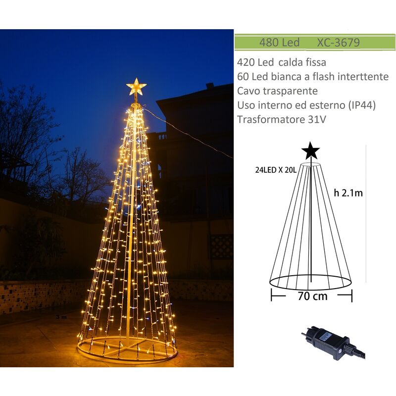 foto del prodotto wisdom albero di natale in metallo con 480 led incorporati impermeabile da esterno ed interno 31v luce bianco freddo caldo o blu calda