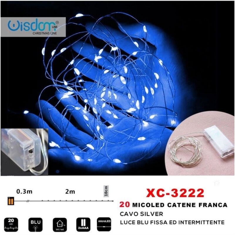 foto del prodotto wisdom catena 20 microled a batteria cavo silver luce blu fissa intermittente xc 3222 