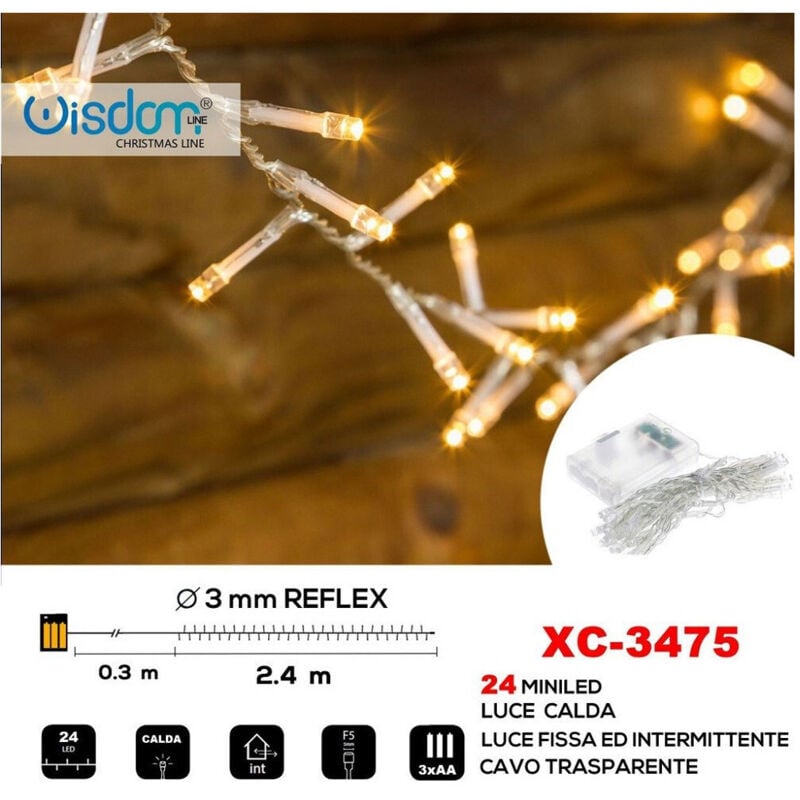 foto del prodotto wisdom catena 24 led a batteria cavo trasparente luce calda fissa intermittente xc 3475 