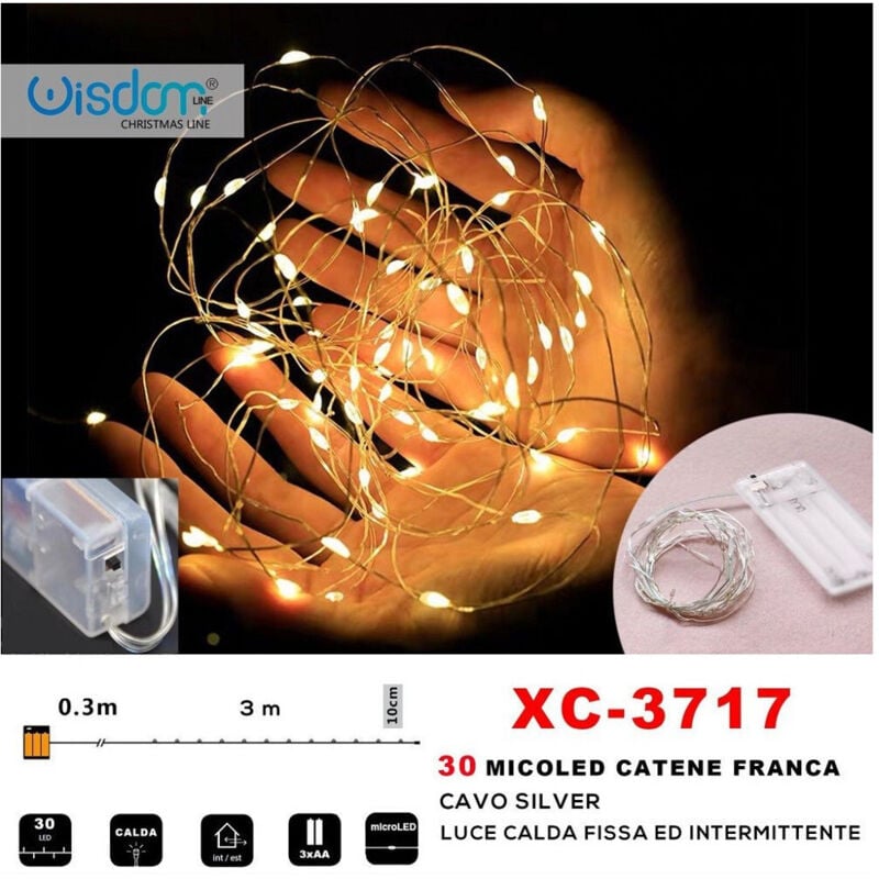 foto del prodotto wisdom - catena 30 microled a batteria cavo silver luce calda fissa+intermittente xc-3717 -