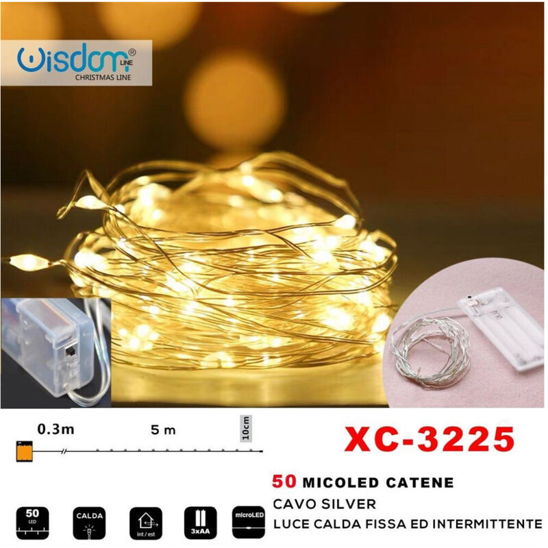 foto del prodotto wisdom catena 50 microled a batteria cavo silver luce calda fissa intermittente xc 3225 