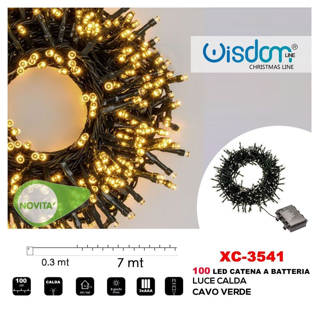 foto del prodotto wisdom catena luminosa 100 led lucciole con batteria cavo verde luce calda ip44 xc 3541 