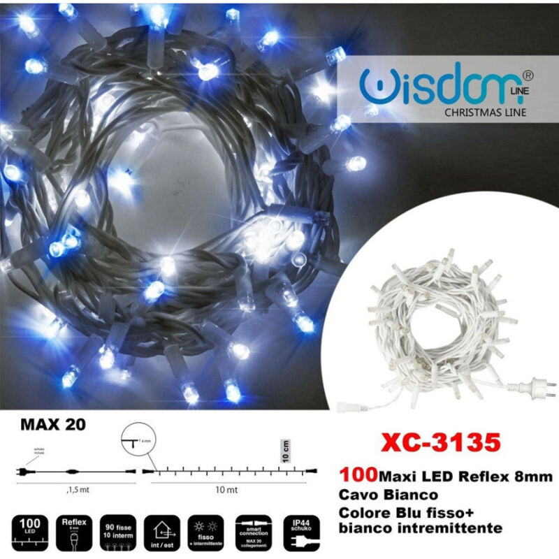 foto del prodotto wisdom catena luminosa 100 luci led lucciole blu fisso bianco intermittente xc 3135 