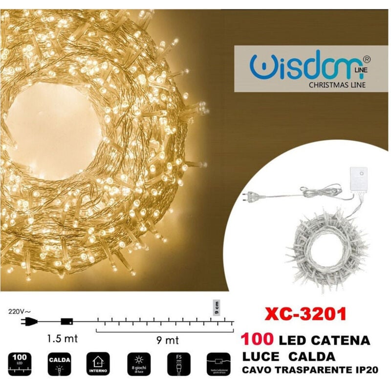 foto del prodotto wisdom - catena luminosa 100 luci led lucciole luce calda cavo trasparente ip20 xc-3201 -