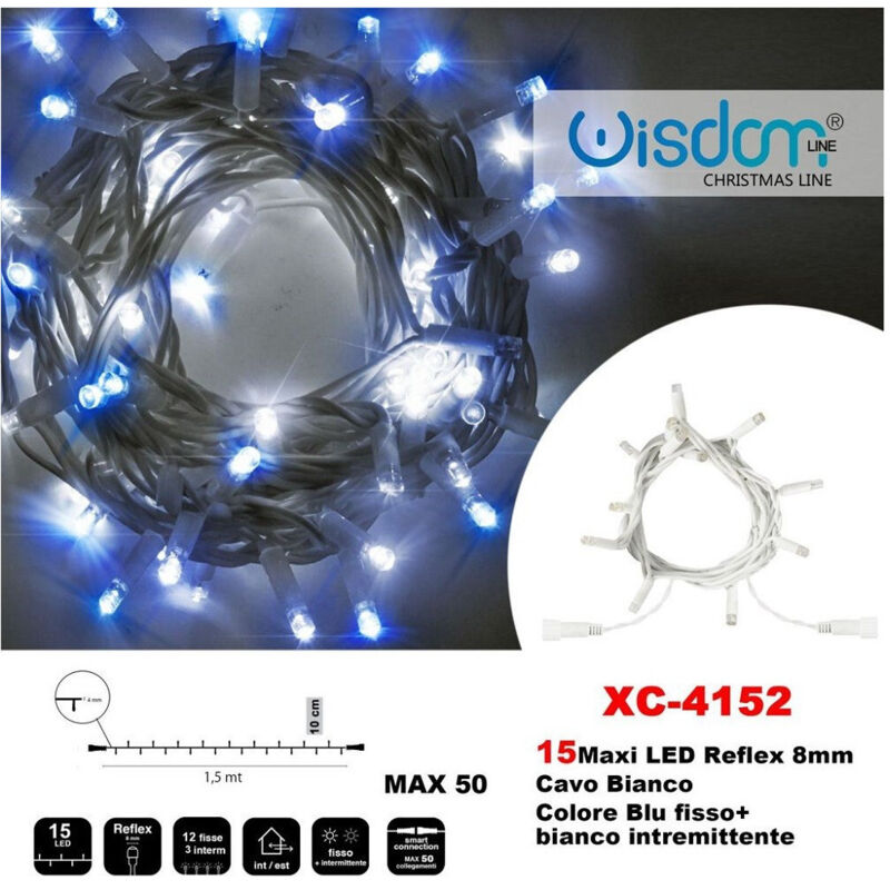 foto del prodotto wisdom catena luminosa 15 luci led lucciole blu fisso bianco intermittente xc 4152 