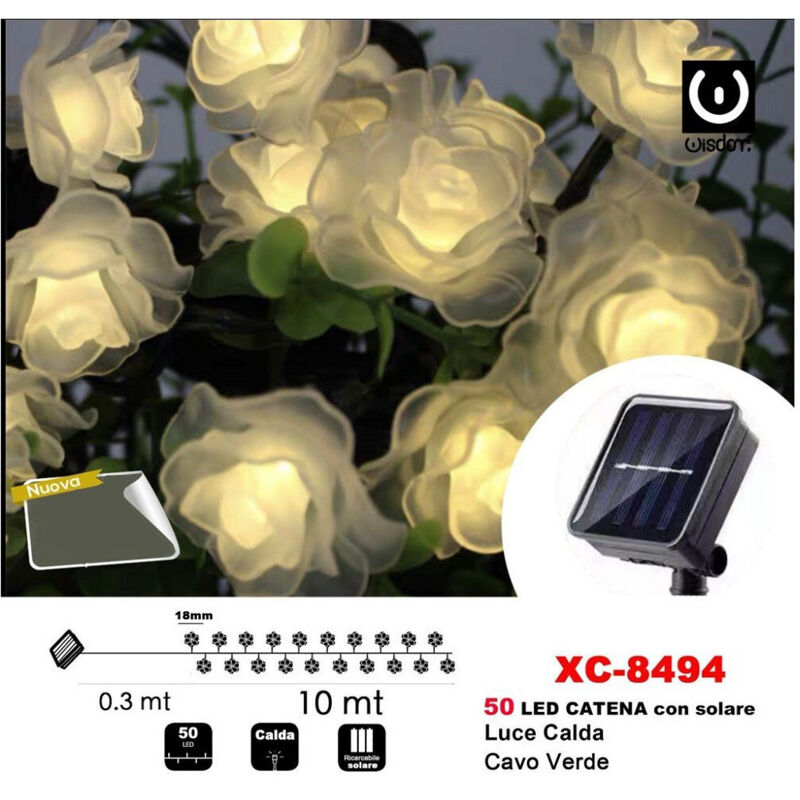 foto del prodotto wisdom - catena luminosa 50led rose luminose ricarica ad energia solare luce calda xc-8494 -