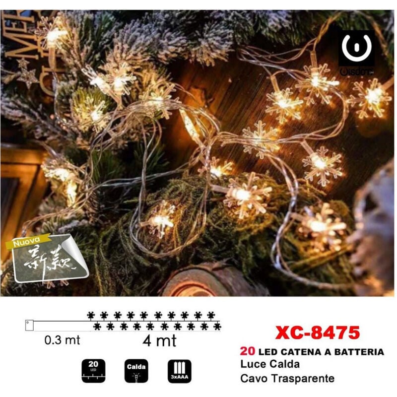 foto del prodotto wisdom - catena luminosa fiocchi neve 20led a batteria luce calda cavo traparente xc-8475 -