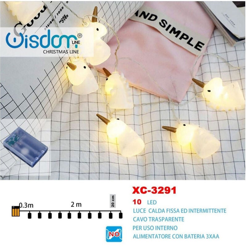 foto del prodotto wisdom - catena luminosa unicorni 10led a batteria luce calda fissa+intermittente xc-3291 -