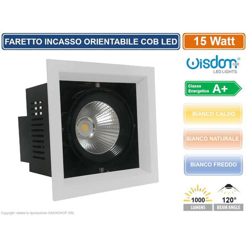 foto del prodotto wisdom faro faretto led cob da incasso quadrato orientabile 15w 1000 lumen colore luce bianco naturale