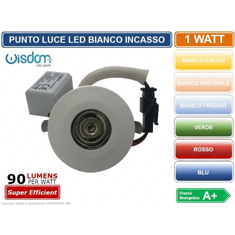 foto del prodotto wisdom faro faretto led punto luce rotondo colore bianco incasso 1w 3000k 4000k 6500k blu rosso verde colore luce rosso