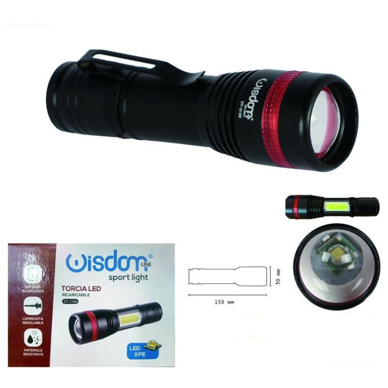 foto del prodotto wisdom faro torcia led ricaricabile luminosita regolabile doppia emissione luce dt 2166 