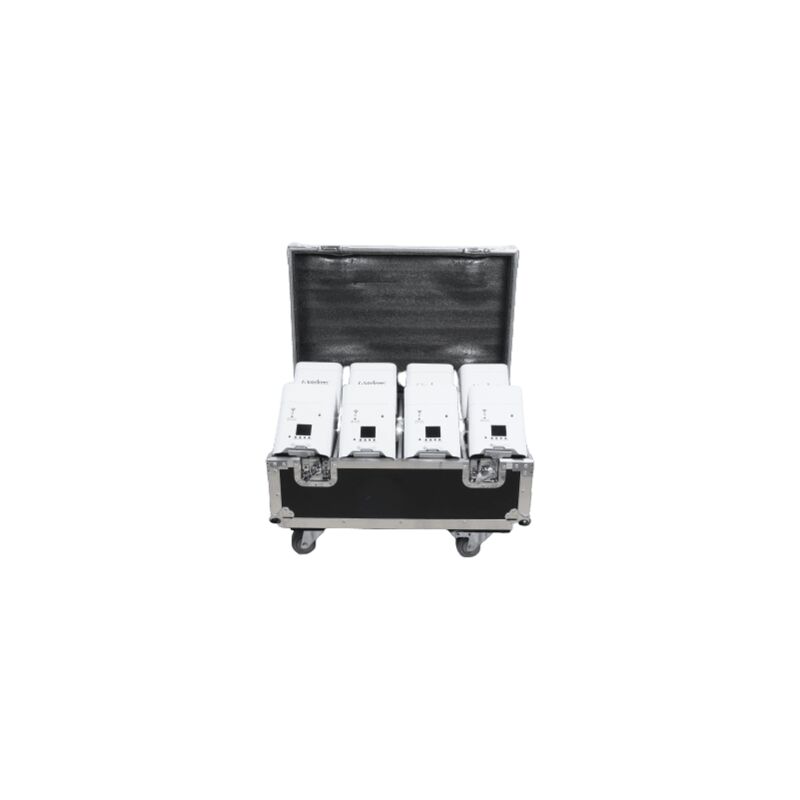 foto del prodotto wisdom kit da 8pz faretti bianchi smart battery led rgbwa uv wifi a batteria e telecomando wireless con baule flycase
