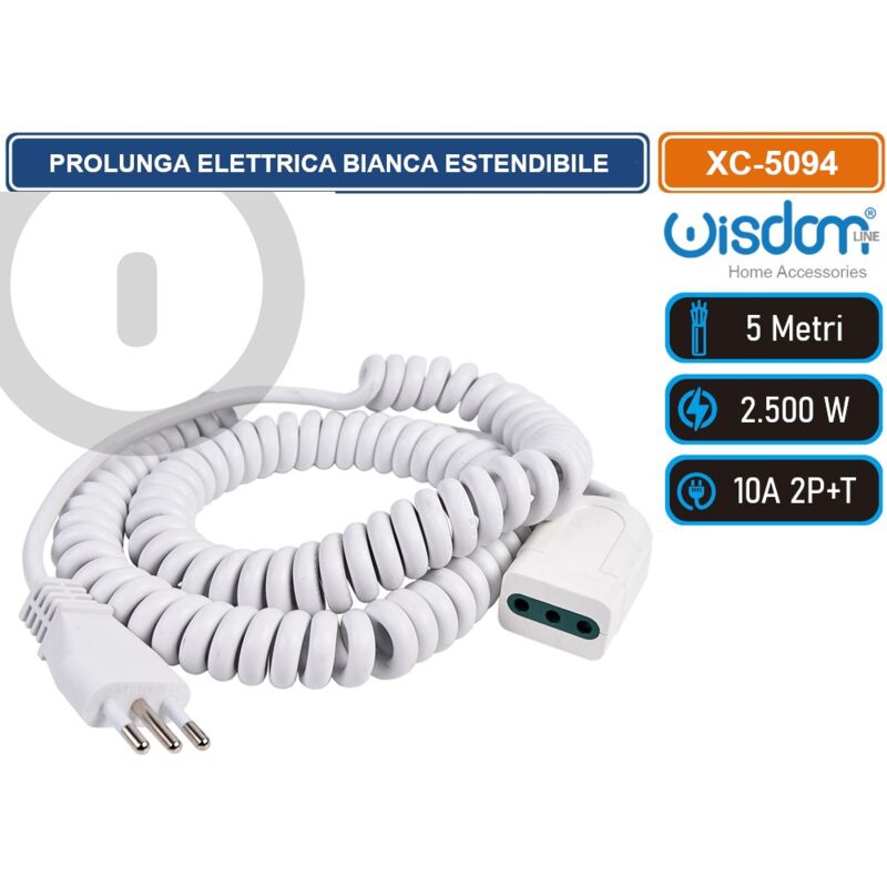 foto del prodotto wisdom prolunga elettrica bianca estendibile da 1,2 a 5 metri flessibilita e sicurezza con spina s11 per connessioni domestiche e professionali