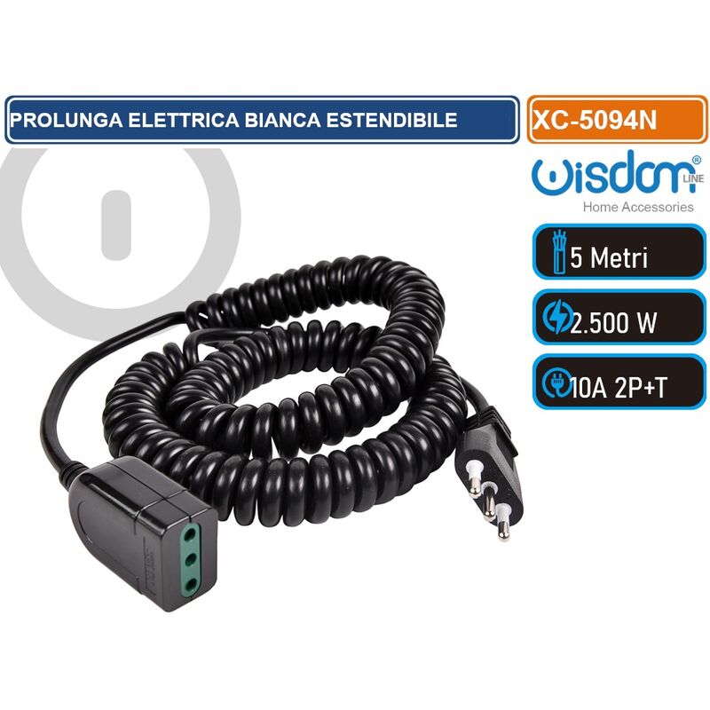 foto del prodotto wisdom prolunga elettrica nera estendibile da 1,2 a 5 metri flessibilita e sicurezza con spina s11 per connessioni domestiche e professionali
