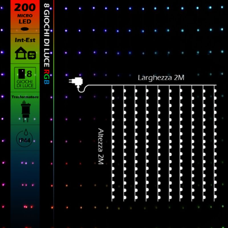 foto del prodotto wisdom tenda luminosa 2x2 metri con 200 micro led rgb di natale con cavo trasparente 8 giochi di luce ip44 per uso esterno e interno rgb 2x2 metri