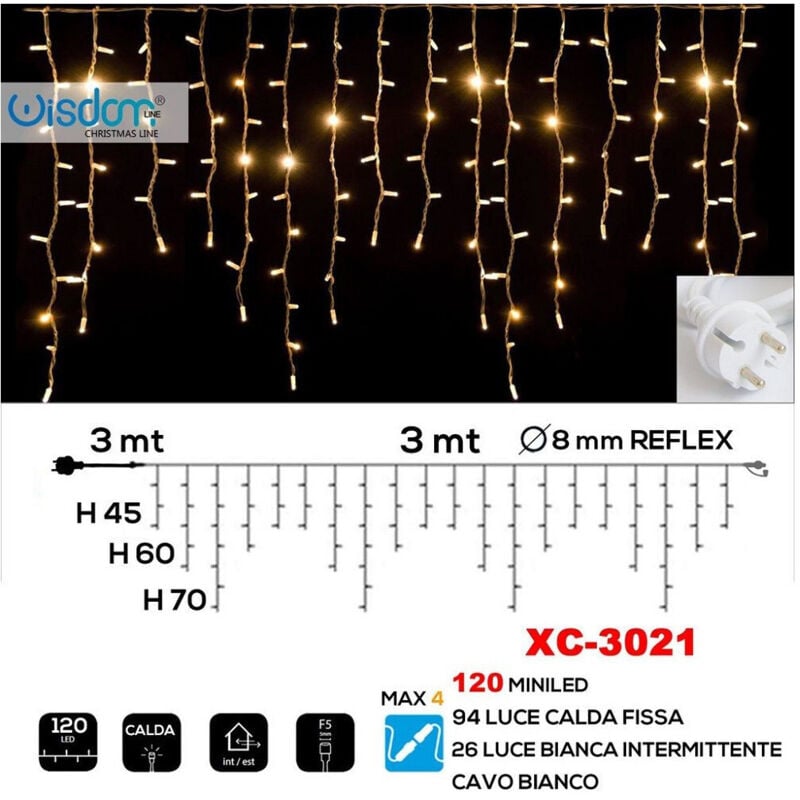 foto del prodotto wisdom - tenda luminosa natalizia 120 led luce calda fissa bianca intermittente xc-3021 -