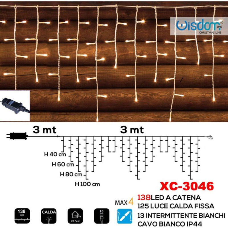 foto del prodotto wisdom tenda luminosa natalizia 138 led luce calda fissa bianca intermittente xc 3046 