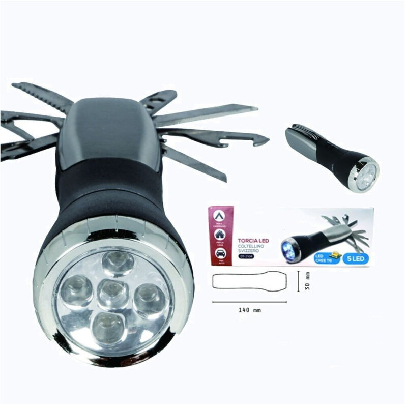 foto del prodotto wisdom - torcia led cree t6 5 led ricaricabile con coltellino svizzero campeggio dt-2104 -