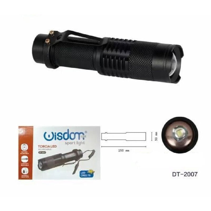 foto del prodotto wisdom - torcia led cree t6 batteria ricaricabile usb auto luminosita' regolabile dt-2007 -