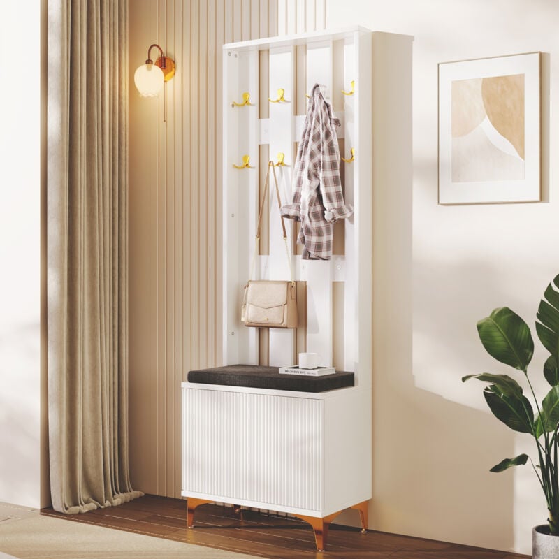 foto del prodotto wishdor appendiabiti con ganci, panca porta scarpe e cuscini, bianco