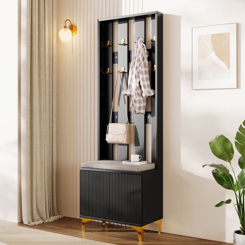 foto del prodotto wishdor appendiabiti con ganci, panca porta scarpe e cuscini, nero