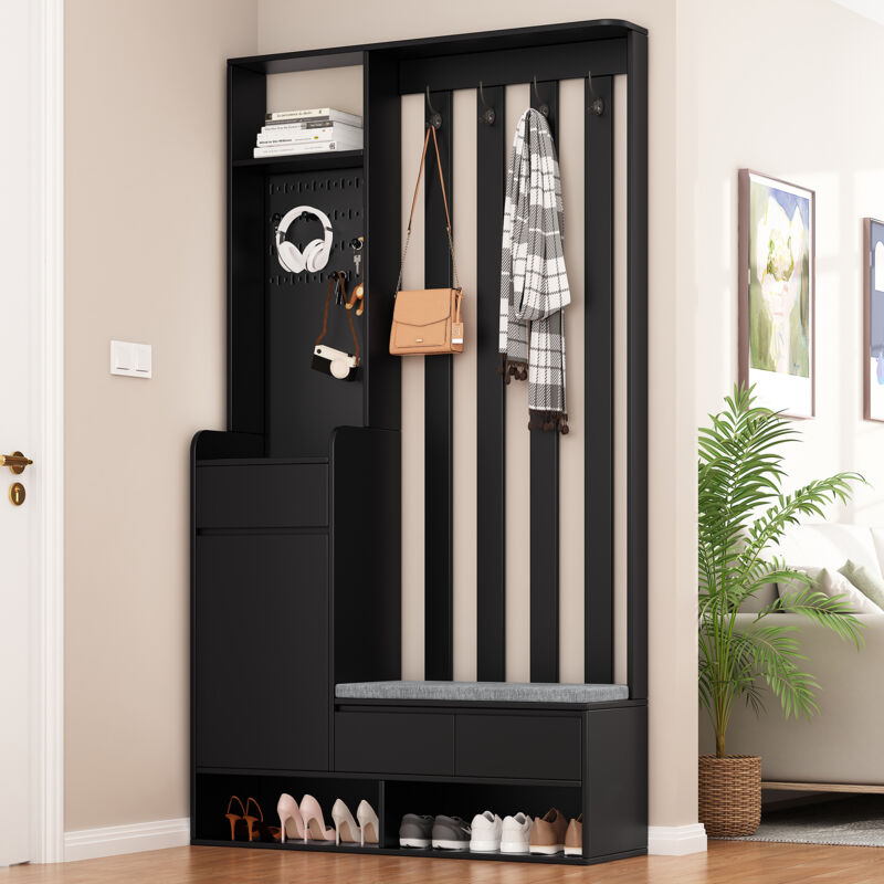 foto del prodotto wishdor appendiabiti da ingresso con 4 ganci e panca portaoggetti imbottita, scarpiera con pannello forato, nero