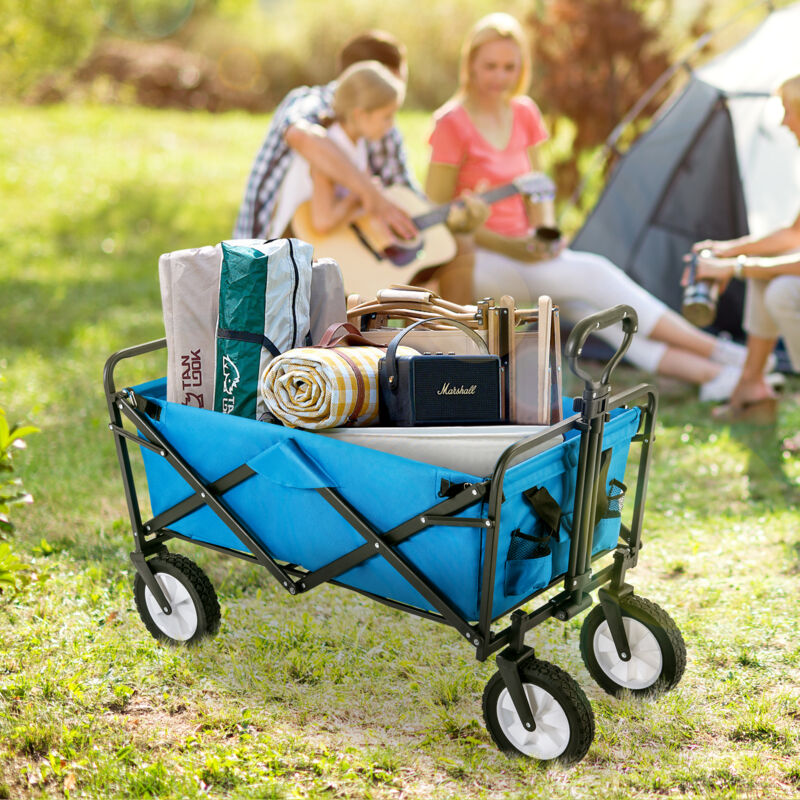 foto del prodotto wishdor carrello da giardino pieghevole fino a 120 kg con porta bevande in rete. maniglie regolabili. rotazione della ruota anteriore di 360 . blu