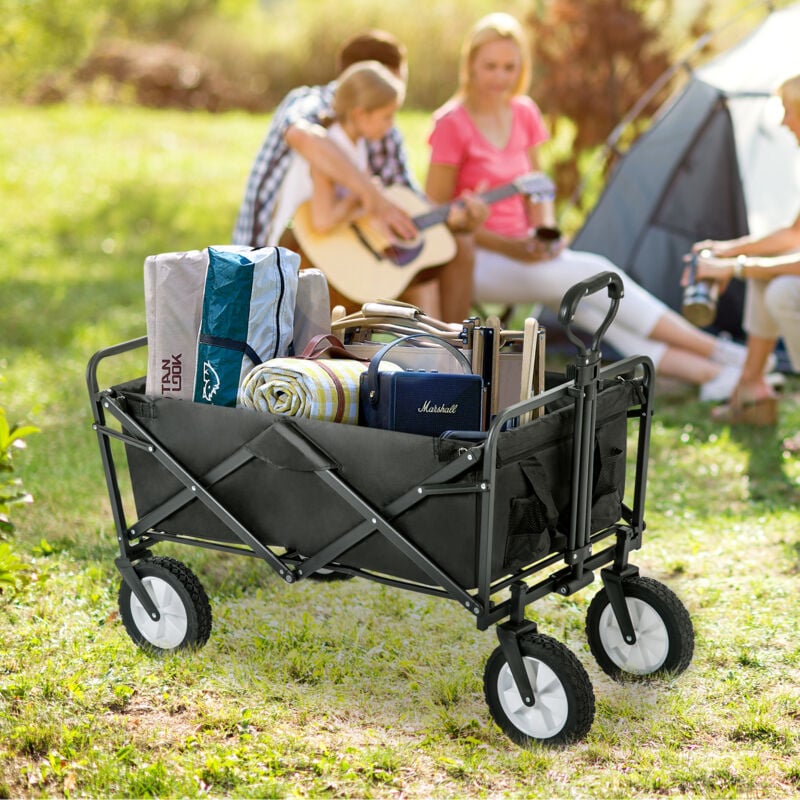 foto del prodotto wishdor carrello da giardino pieghevole fino a 120 kg con porta bevande in rete. maniglie regolabili. rotazione della ruota anteriore di 360 . nero
