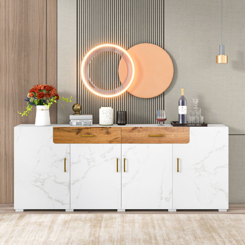 foto del prodotto wishdor - credenza cucina, credenza soggiorno con 4 ante e 2 cassetti, bianco, 208 x 39,5 x 80 cm
